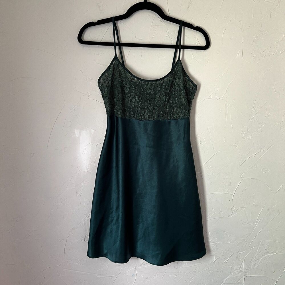 Vintage Victoria’s Secret Dark Green Satin Lace Slip Dress Gold Label Size Small
